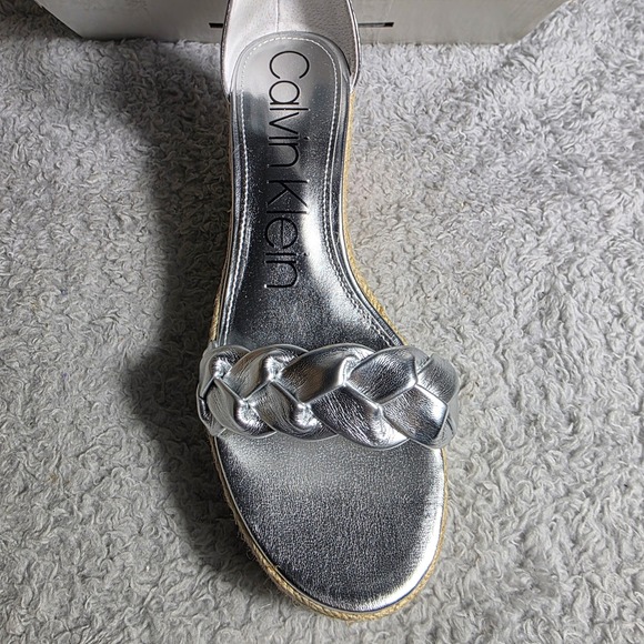 Calvin Klein Silver Metallic Leather Espadrille Wedge Platform Sandals 9M NEW